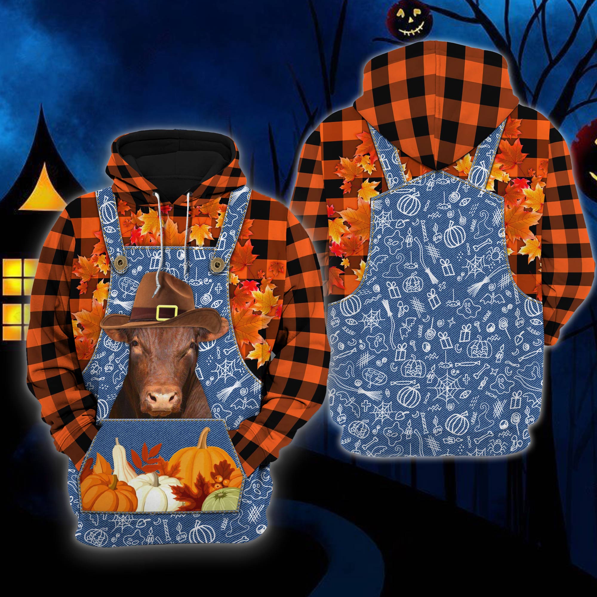 Beefmaster Orange Plaid All Printed 3D Hoodie Happy Halloween Farm Hoodies