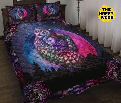 Owl Drawn Galaxy Purple Mandala Flower Style Quilt Bed Set And Pillow Covers