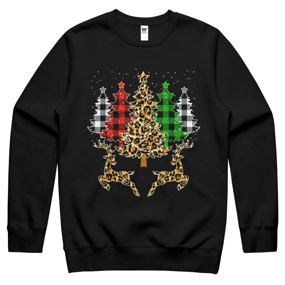 Christmas Trees With Buffalo Plaid & Leopard Print Xmas Crewneck Sweatshirt