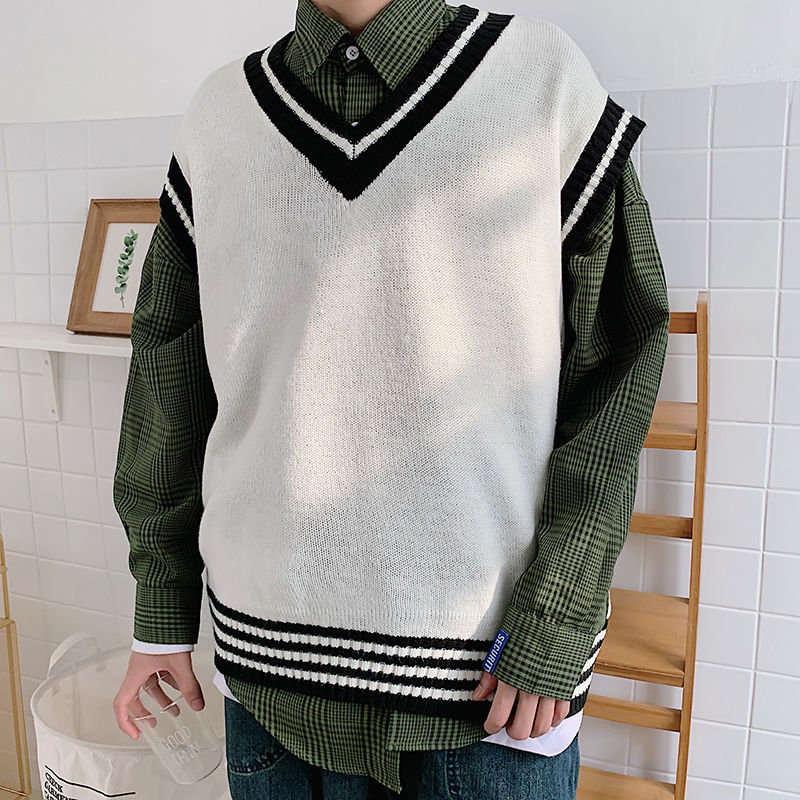 Sweater Vest Men Patchwork V-neck Colorful Shrug Chic Sleeveless Knitted Tops Mens Waistcoats Loose Oversize Harajuku All-match alx