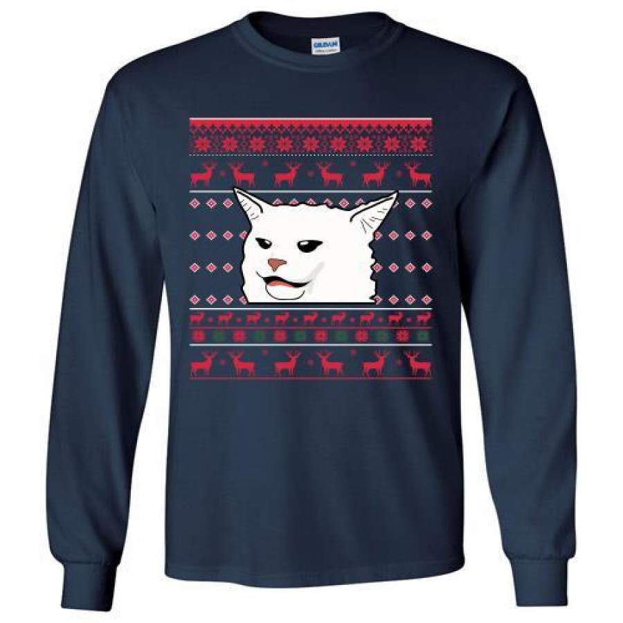 Cat Woman Yelling At Cat Ugly Christmas Long Shirt