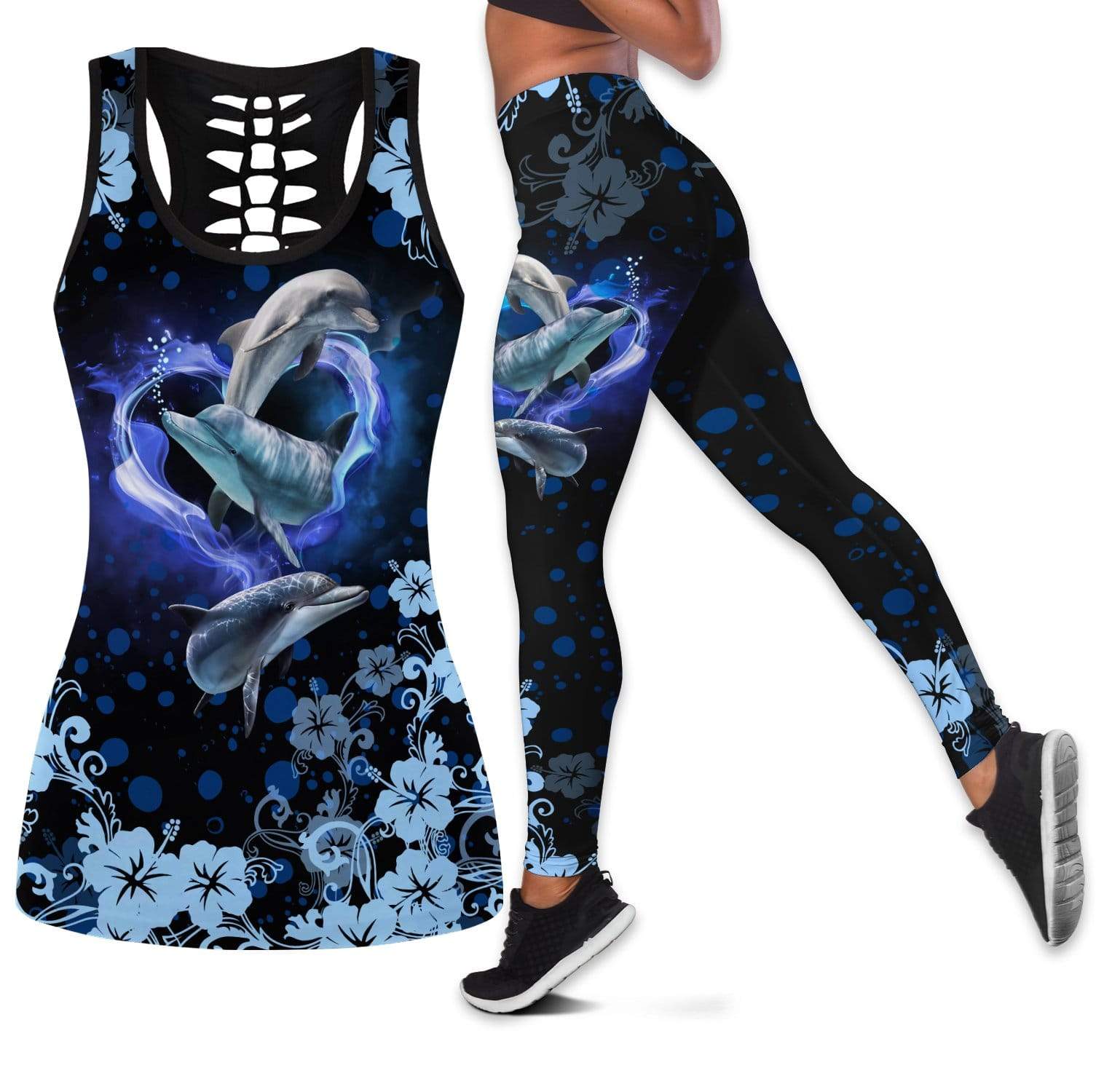 Gift for Mother Love Dolphin Black Hollow Tank Top – Legging 3D