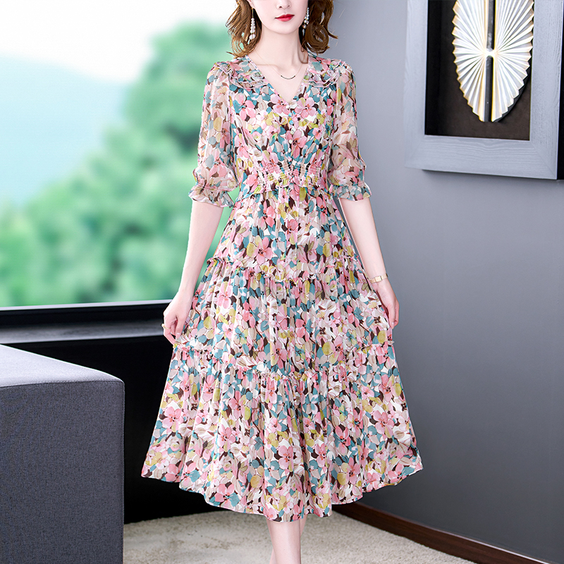 Summer Floral Natural Silk V-Neck Midi Dress Women Boho Fashion Light Beach Sundress 2022 Korean Elegant Bodycon Casual Dresses alx