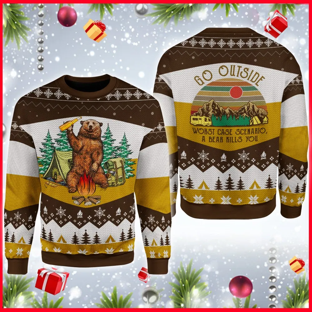 A Bear With Beer Vintage Camping Ugly Christmas Sweater | Unisex | Adult | Us3070