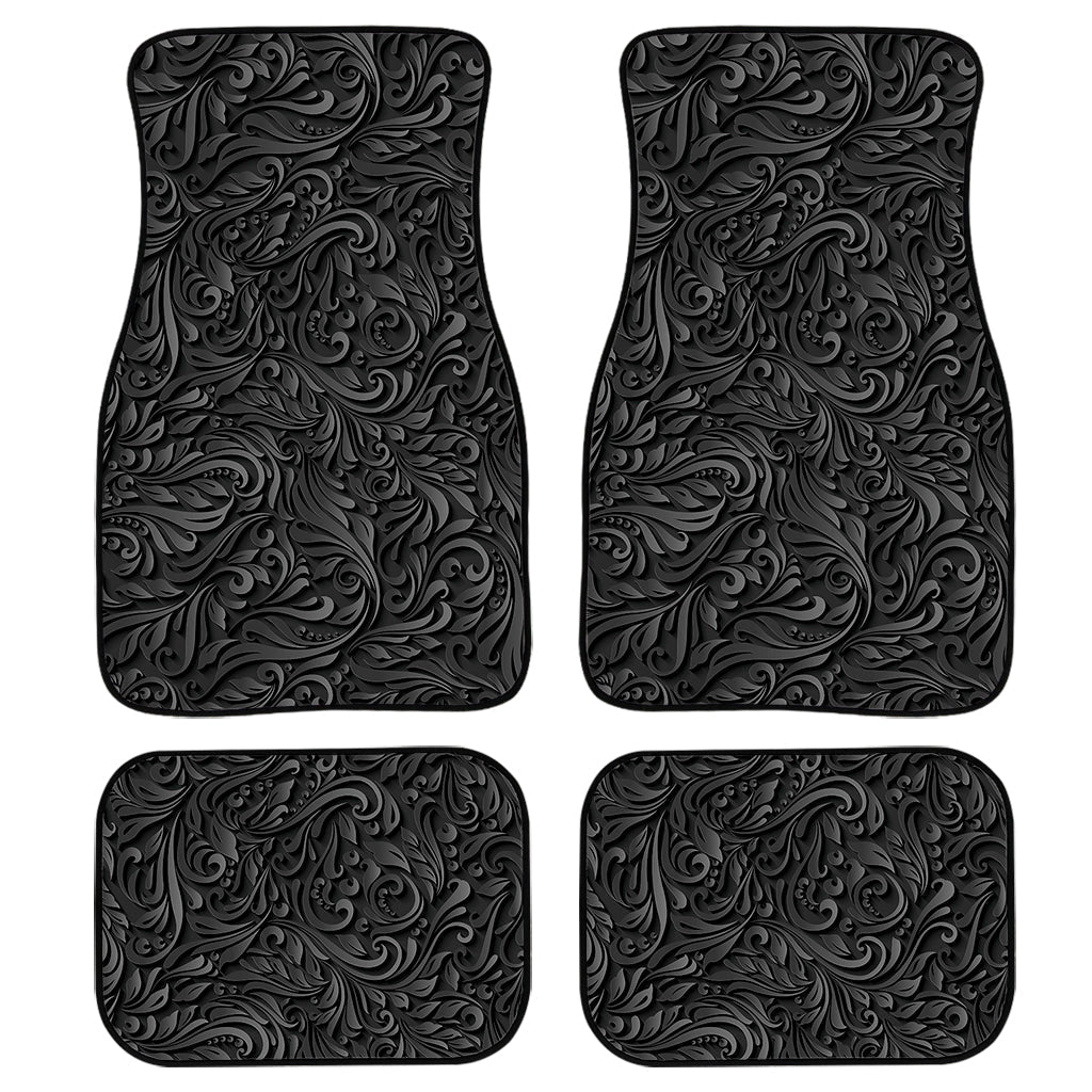 Black Western Damask Floral Print Front And Back Car Floor Mats, Front Car Mat