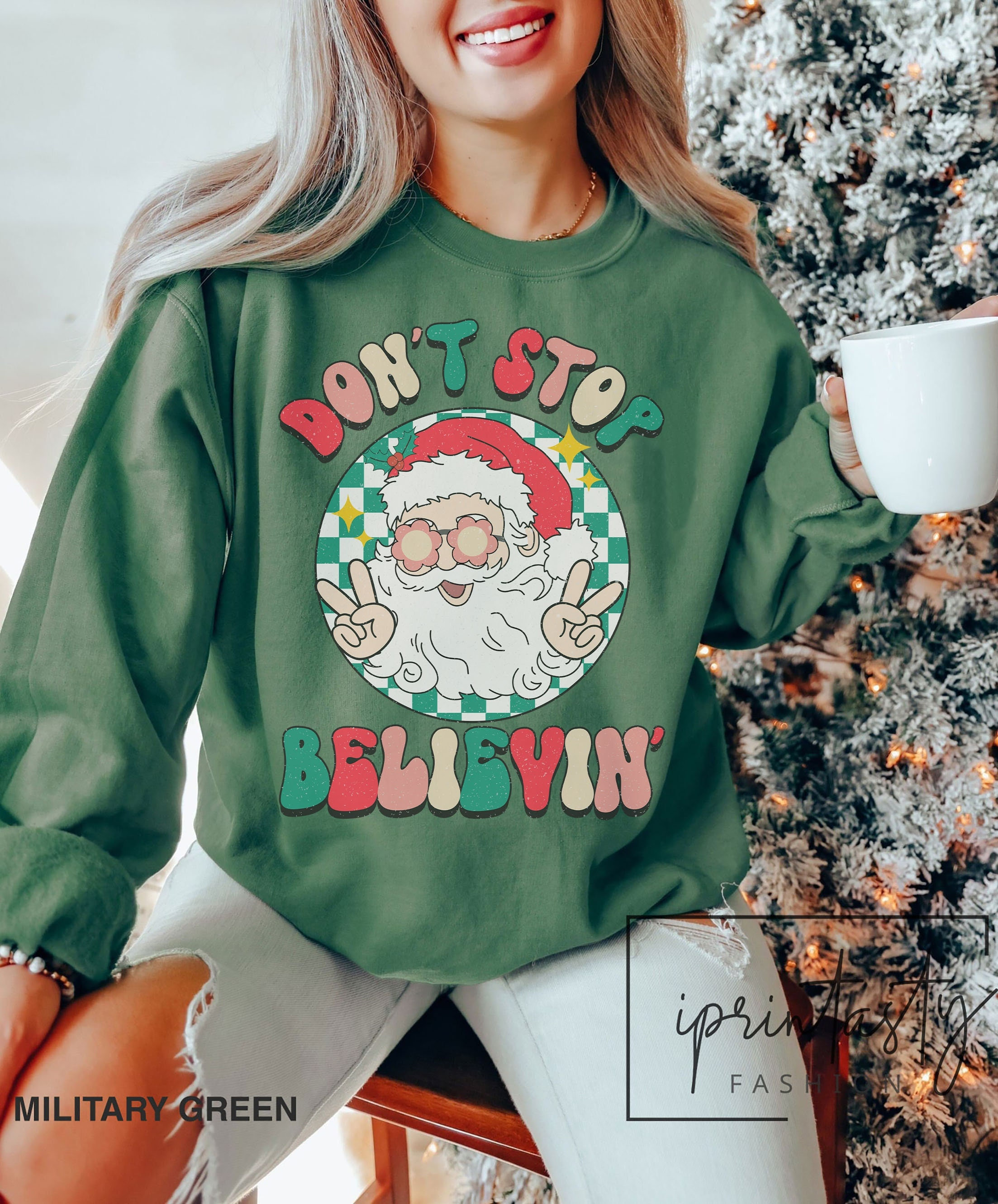 Don’t Stop Believin Sweatshirt, Retro Santa Christmas Sweatshirt, Jolly Christmas Sweatshirt, Funny Christmas Sweater, iPrintasty Christmas