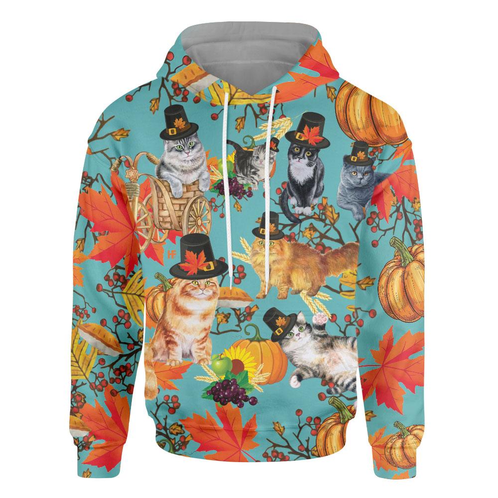 Cats Thanksgiving All Over Print Hoodie, Colorful Thanksgiving Hoodie Design, Thanksgiving Gift For Cat Lovers