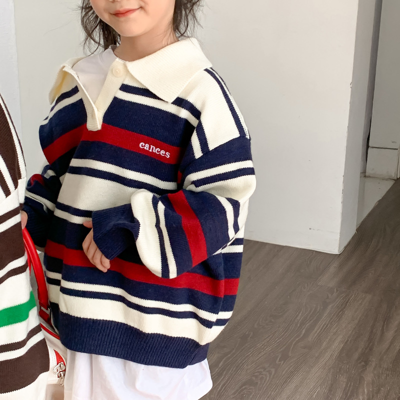 3378D Children’s Sweater 2022 Autumn New Fashion Striped Contrast Color Girl’s Sweater Lapel Loose Boy’s Knitted Top Pullover alx