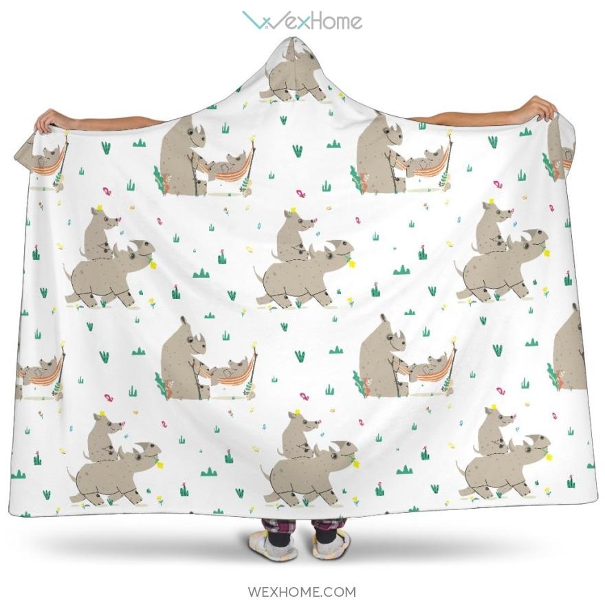 Cute Rhino Pattern Background Hooded Blanket