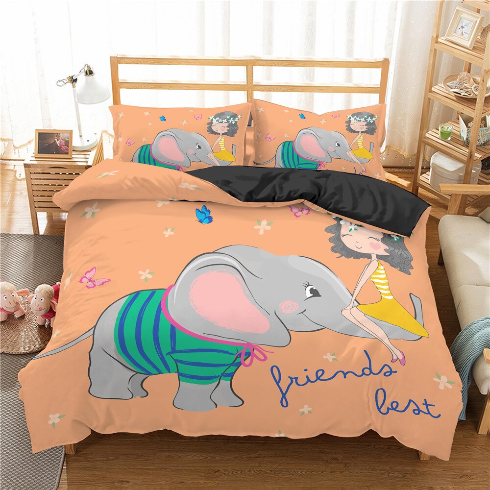 3D Cartoon Bedding Set For Pink Elephant Duvet Cover Set King Queen Size Quilt Cover Bedclothes