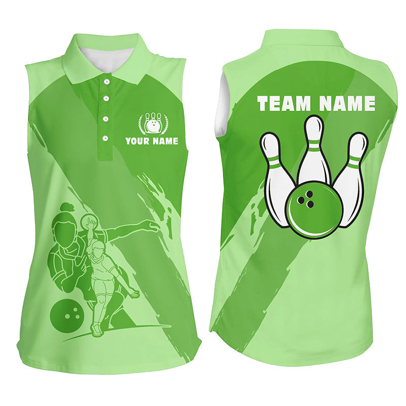 Personalized 3D Bowling Shirts For Women, Custom Green Sleeveless Polo Bowling Shirt For Girls