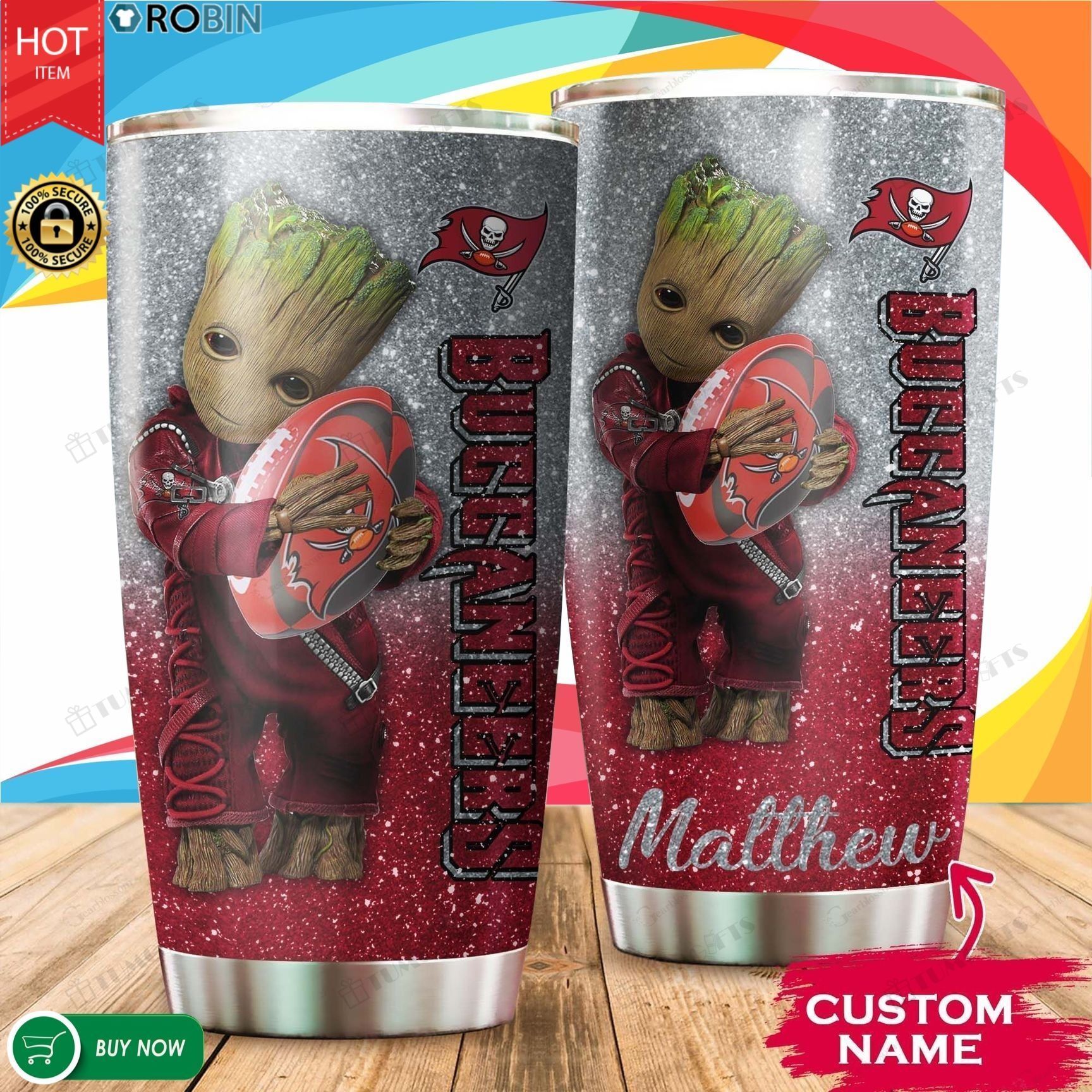 Buy Personalized Baby Groot Hug Tampa Bay Buccaneers Custom Stainless Steel Tumbler