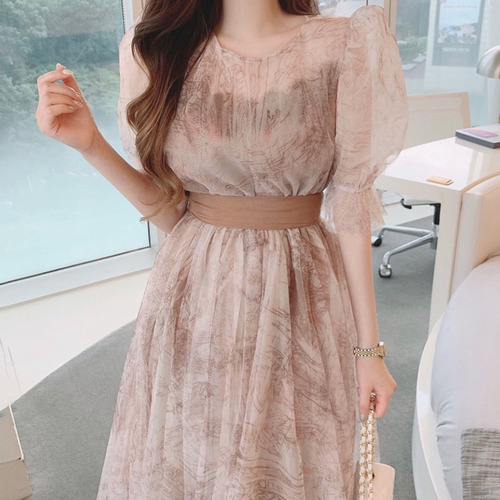 WAKUTA Korean 2022 Vintage Mesh Transparent Floral Dresses Women Summer Short Sleeve Bandage Slim Waist Maxi Dress Party Elegant alx