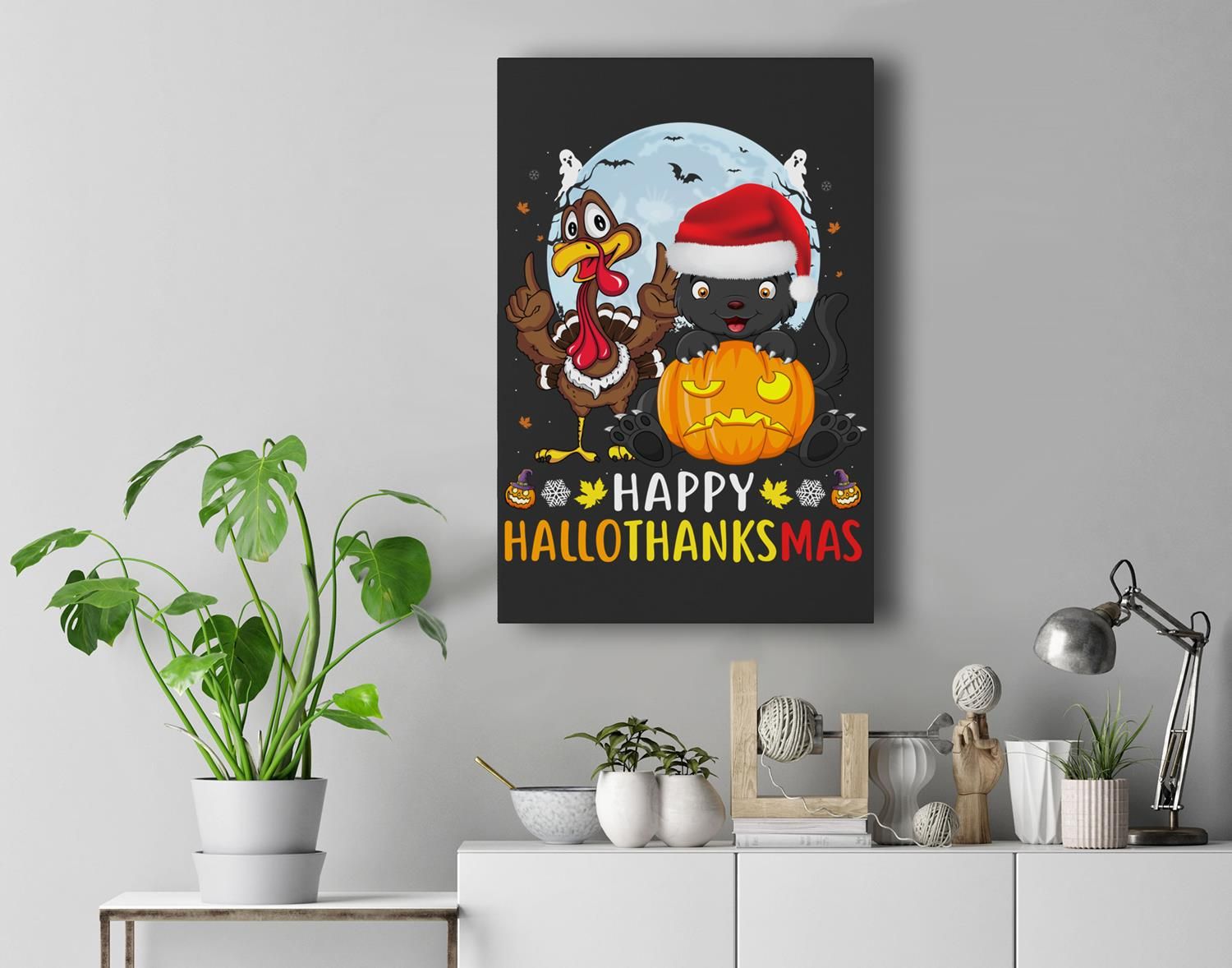 Funny Cat Halloween And Merry Christmas Happy Hallothanksmas Premium Wall Art Canvas Decor