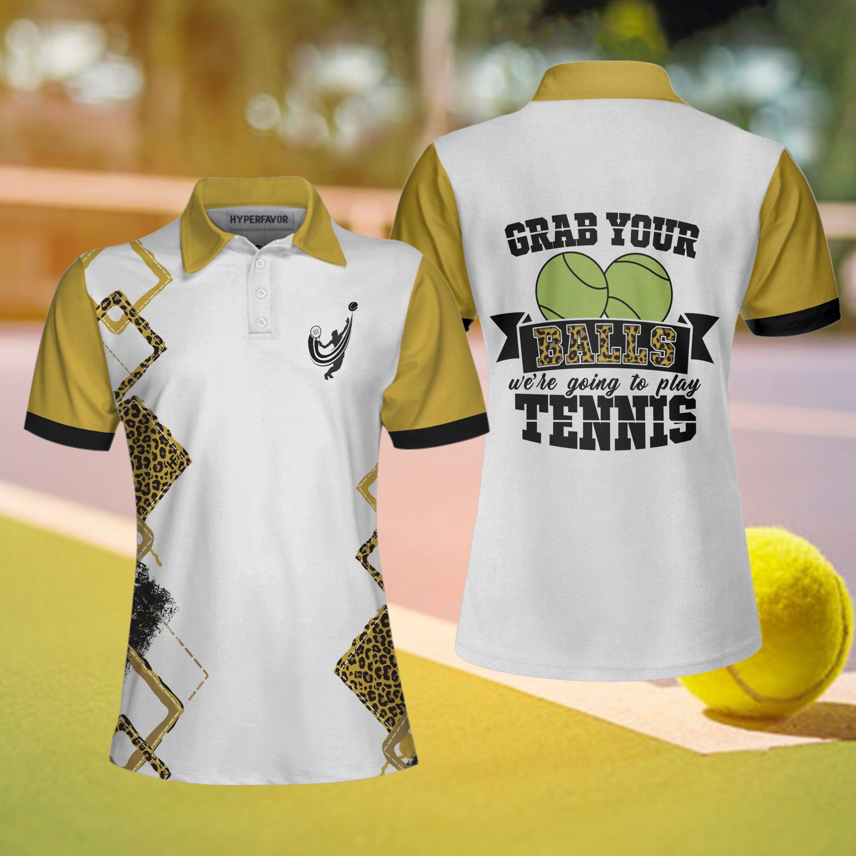 Grab Your Balls We’Re Going To Play Tennis Short Sleeve Women Polo Shirt, White And Yellow Tennis Shirt For Ladies Coolspod