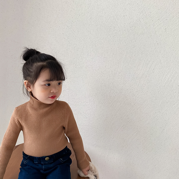 2021 New Winter Baby Girls Elastic Knitted Sweaters Korean Style Solid Color Turtleneck Collar Children Pullovers Tops alx