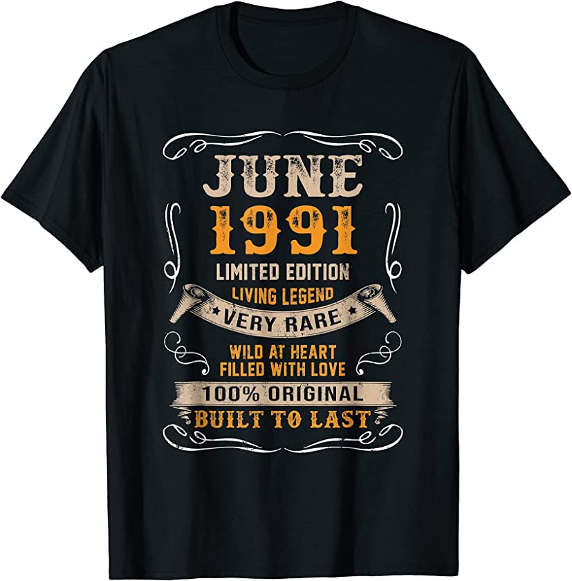 30th Birthday Gift 30 Years Old Retro Vintage June 1991 T-Shirt