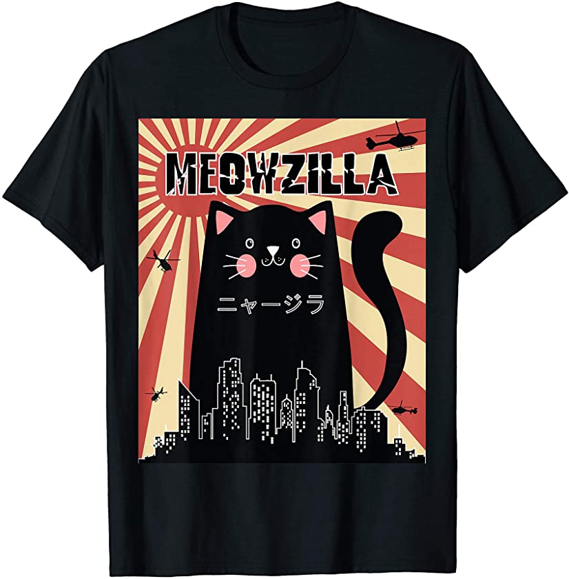 Meowzilla Cat Kitten Japanese Anime Sunset Vintage Retro T-Shirt