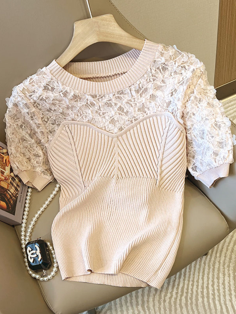 Summer Women’s Short Sleeve Lace Patchwork Knitted Tops Casual Crochet Hollow Out Stylish Cropped Sweater Female Pullovers alx