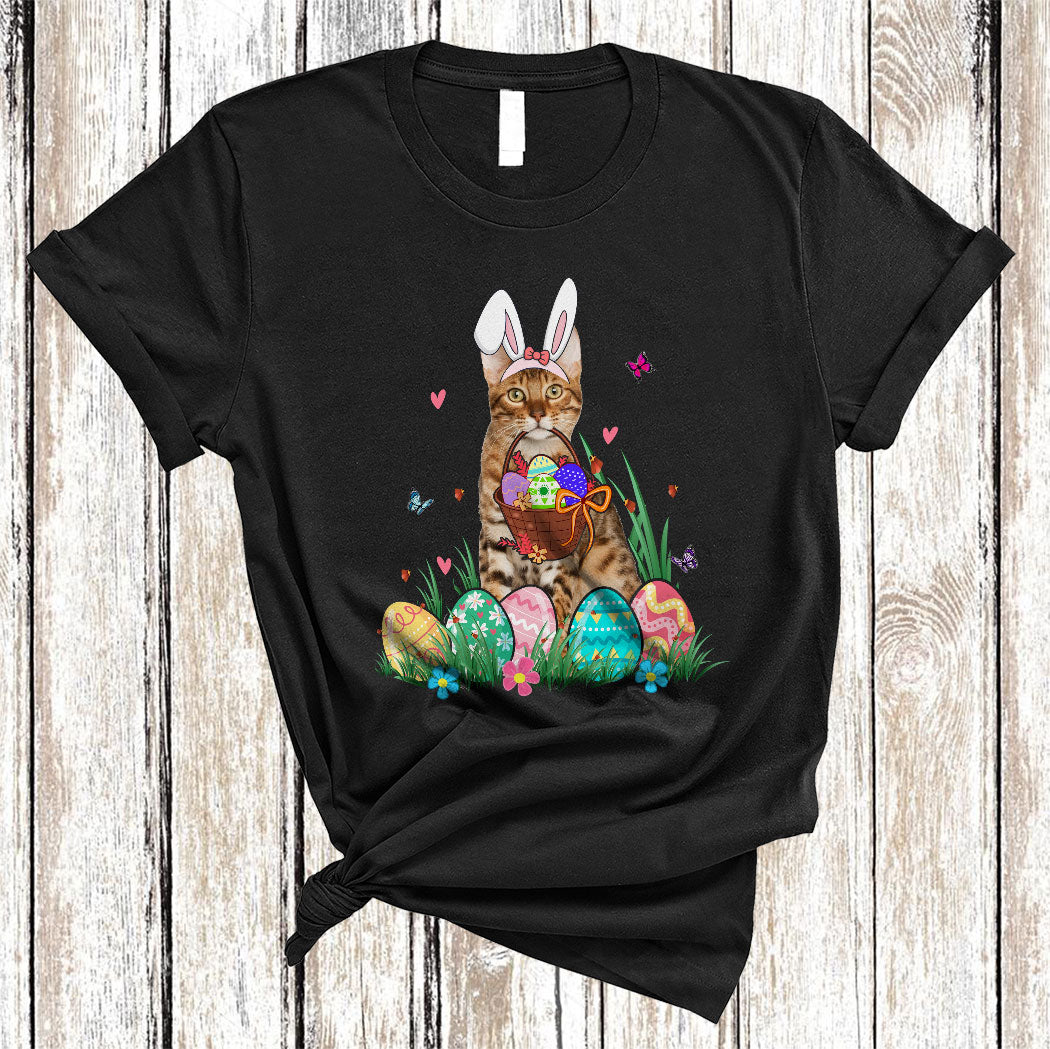 Bunny Bengal Cat With Easter Egg Basket Funny Easter Day Flower Egg Hunt Cat Lover Gifts T-Shirt