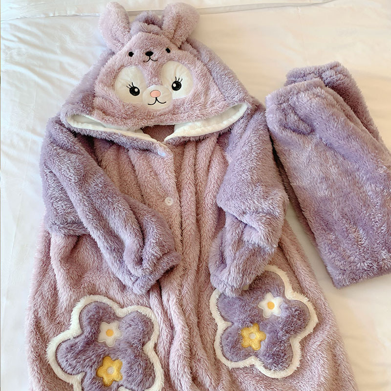 Winter Flannel Pajamas Set for Women Anime Cartoon Hooded Nightgown Suit Nightwear Coral Fleece Thick Warm Cute Sleepwear 2PCS alx