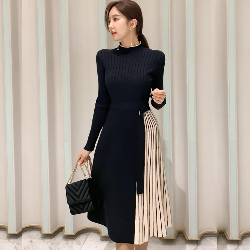 Autumn Winter Elegant Women Midi Dress Lady Vintage Casual Chic Knitted Black Stretchy Belt Pleated Street Robe Femme Vestidos alx