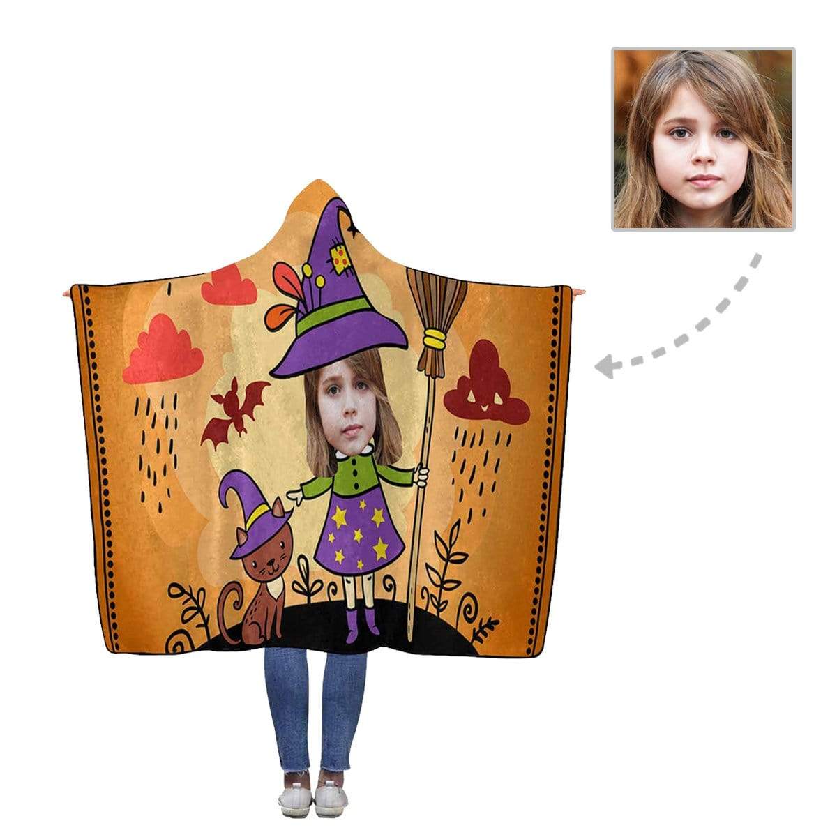 Custom Face Cute Witch Flannel Hooded Blanket