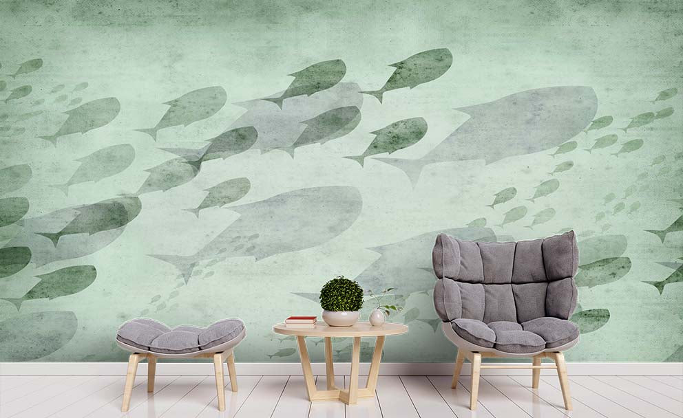 3D Green Whale Fish Wall Mural Wallpaper Sf99