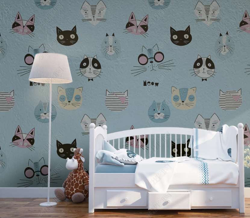 3D Cartoon Animal Blue Cat Wall Mural Wallpaper Lqh 246