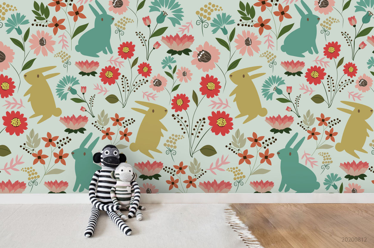 3D Cartoon Colorful Floral Bunny Wall Mural Wallpaper Lxl 1115