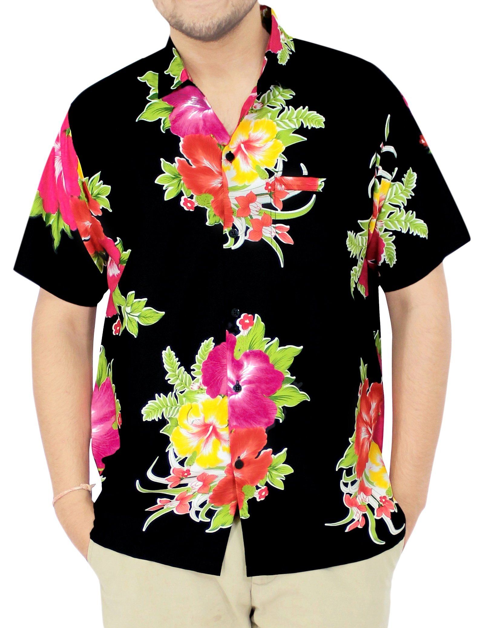 La Leela Men Regular Size Beach Hawaiian Shirt Aloha Tropical Beach Front Pocket Short Sleeve Pink