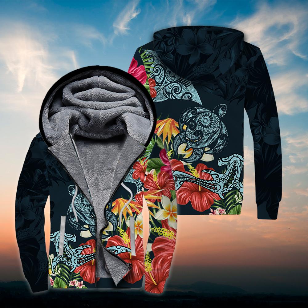 Turtle Shark Manta Ray Hibiscus Plumeria Fleece Zip Hoodie All Over Print | Unisex | Adult | Ft1951