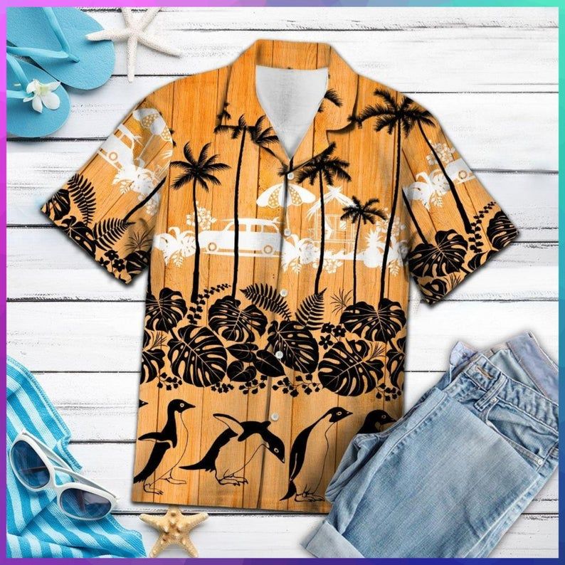 Penguin Palm Tree Orange Black Amazing Design Hawaiian Shirt DHC18064373