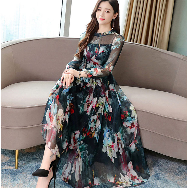 Floral Print Chiffon Dress Women Korean Spring Summer Long Maxi Dress O-Neck Long Sleeve Vintage Party Dress Plus Size 3XL A891 alx