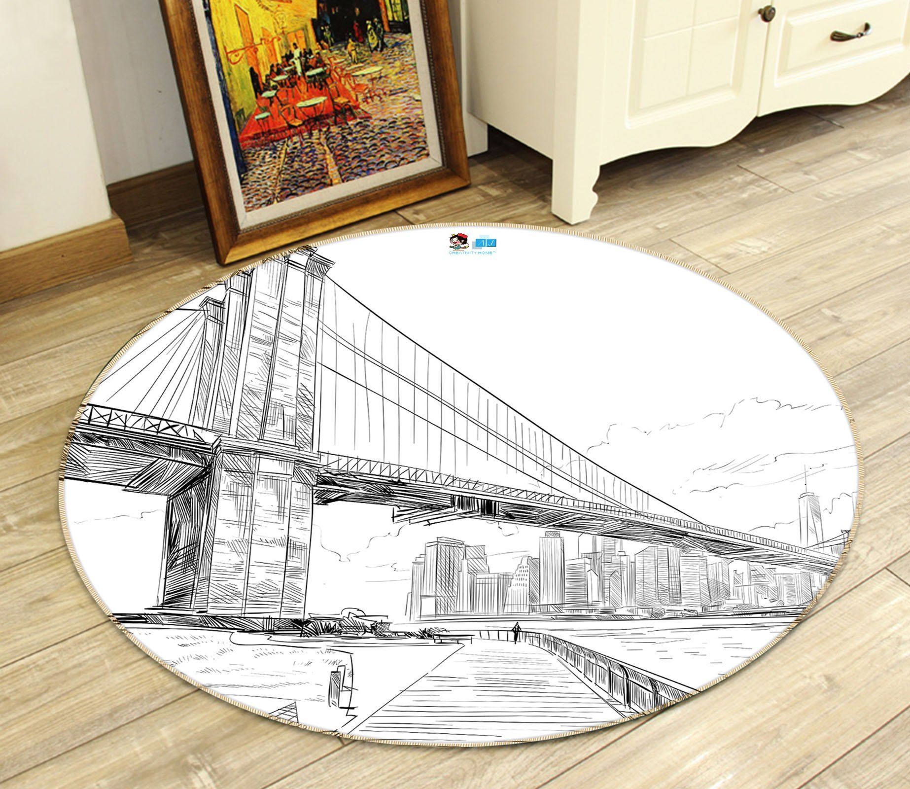 3D Black White Hand-Painted Bridge 73029 Round Rug – Round Carpet Home Decor