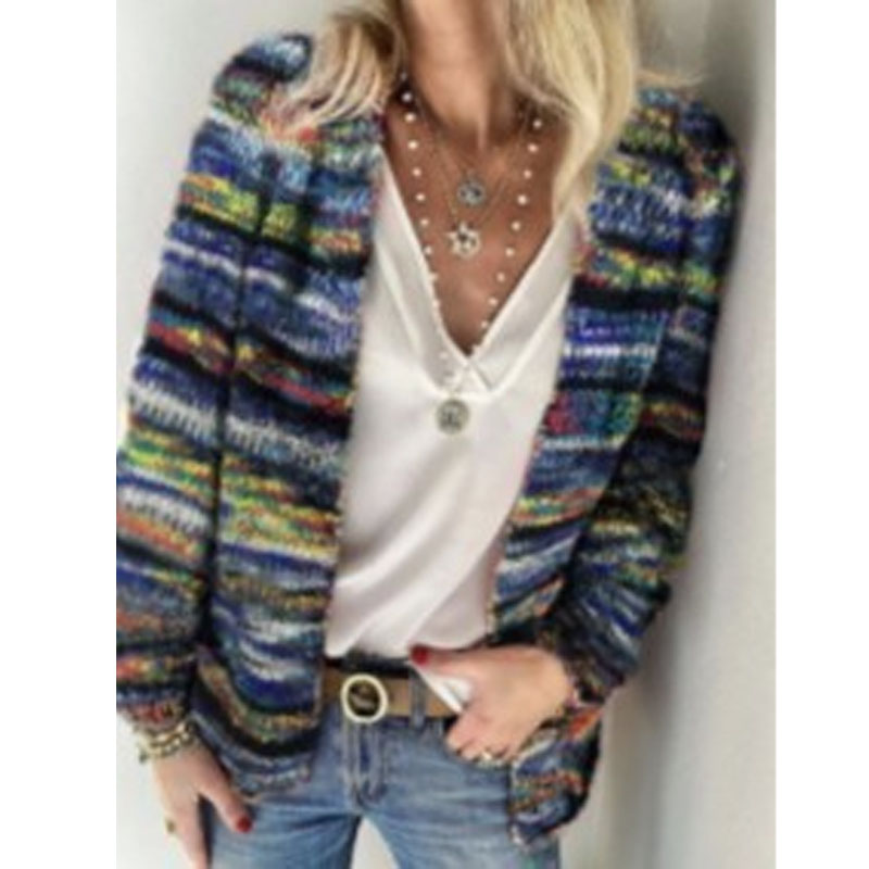 Women’s 2022 New Contrasting Colors Striped Knitted Cardigan Chic Streetwear Korean V-Neck Long Sleeve Casual Patchwork Sweaters alx