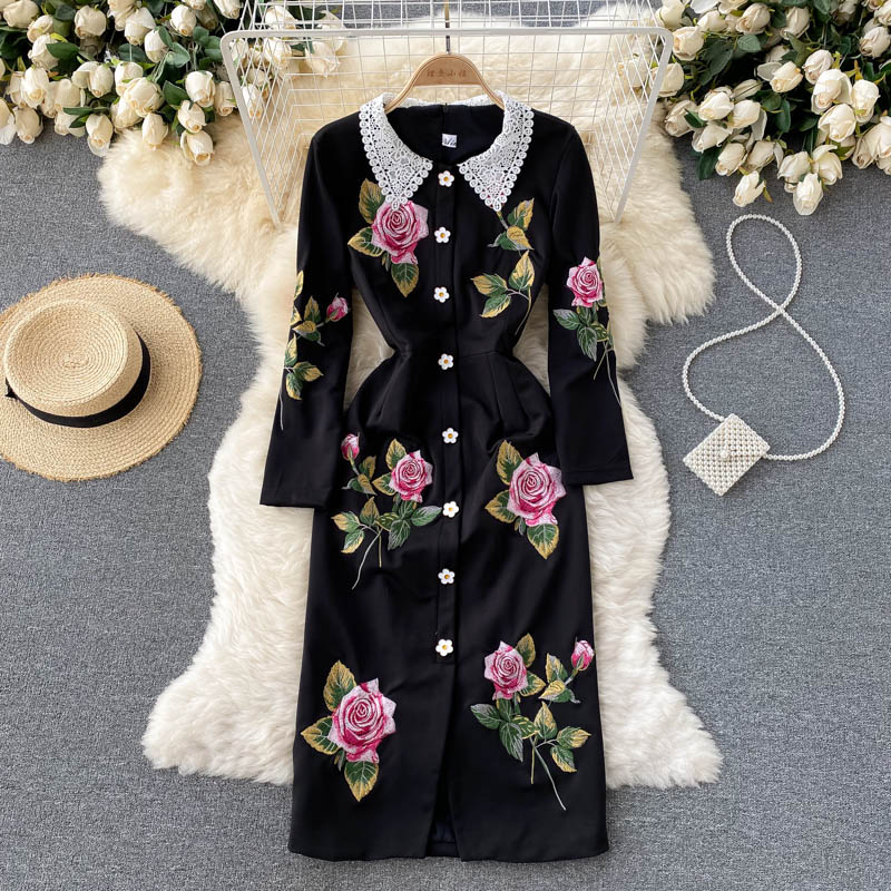 Vintage Embroidery Rose Flower Designer Runway Dress Autumn Winter Women Elegant Long Midi Black Party Dresses alx