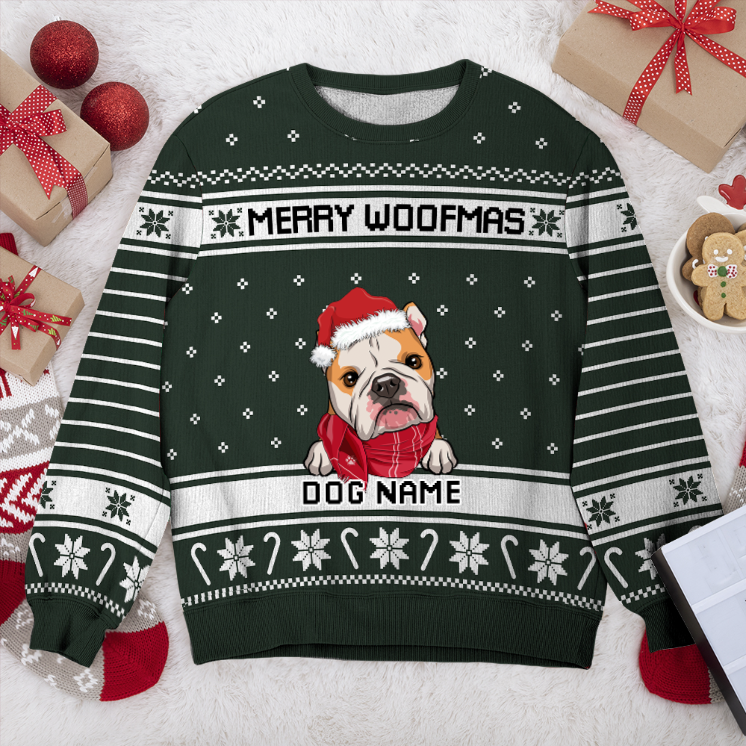 Bulldog Merry Woofmas Personalized Sweater, Dog Ugly Christmas Sweater