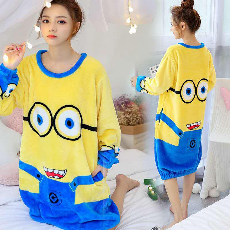 Winter Women Cartoon Nightdress Flannel Keep Warm Sleepwear Nightgown Sexy Cartoon Sleep Shirt Dress Loose Lingerie Home Wear alx