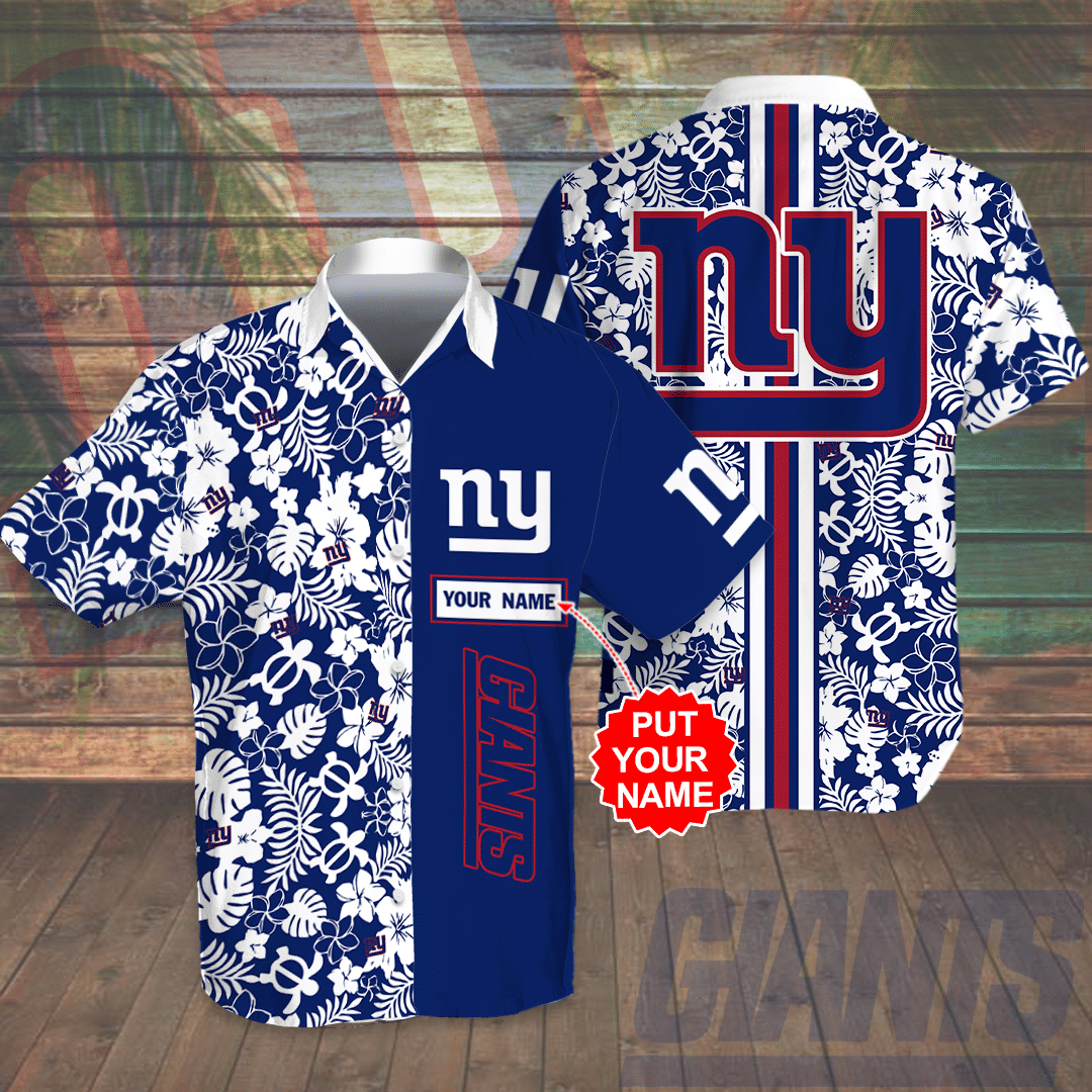 Personalized New York Giants All Over Print 3D Flowery Aloha Summer Beach Hawaiian Shirt & Beach Shorts – Cobalt