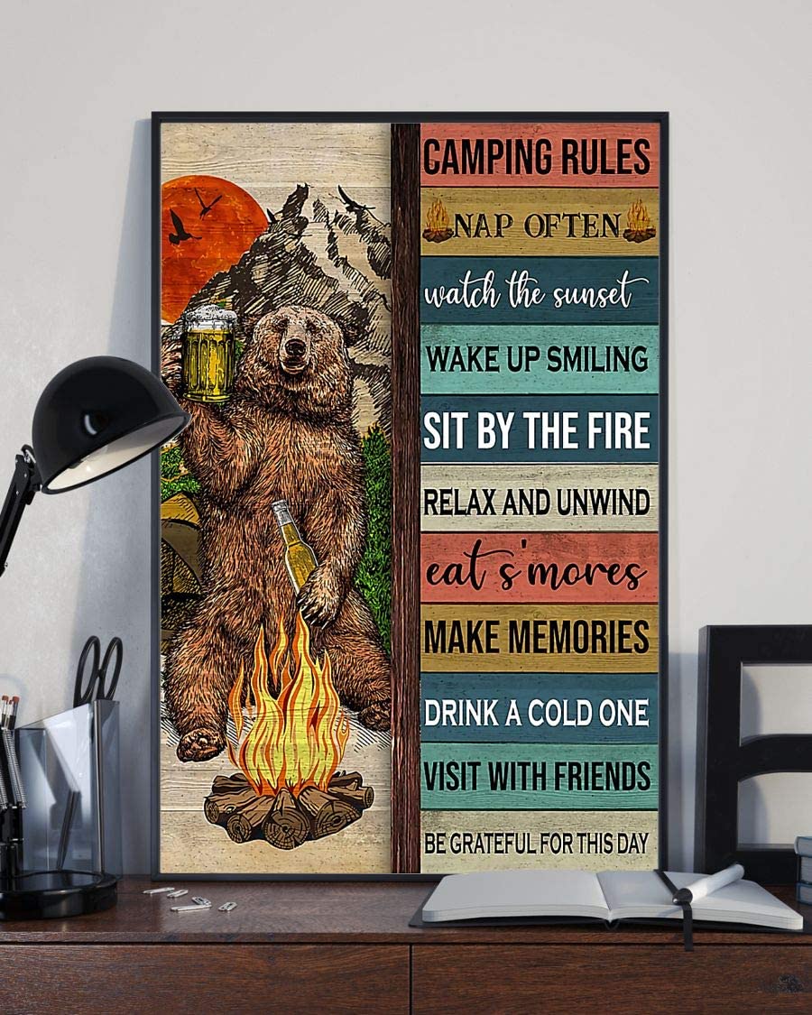 Bear Beer Camping Rules Nap Often Watch The Sunset Wake Up Smiling Pallet Poster Perfect Ideas On Xmas Birthday Home Decor