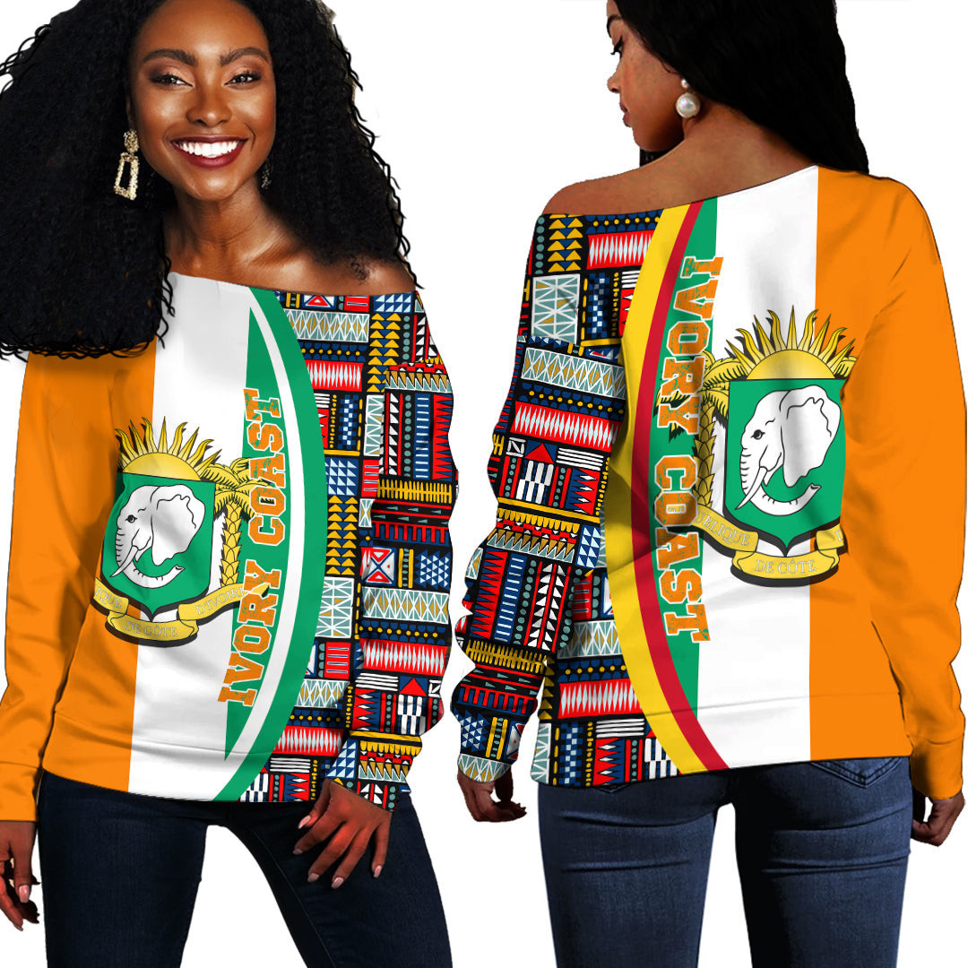 Africazone Clothing – Ivory Coast Flag And Kente Pattern Special Women’S Off Shoulder Sweaters A35