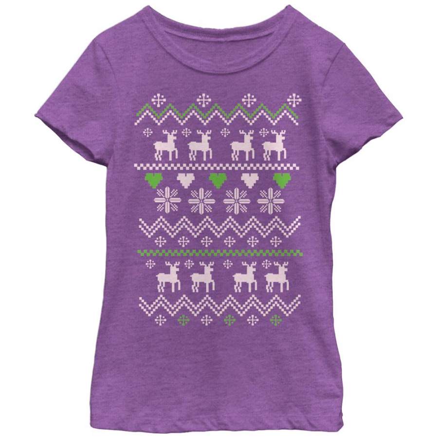 Lost Gods Girl’s Ugly Christmas Reindeer & Hearts  T Shirt Purple Berry