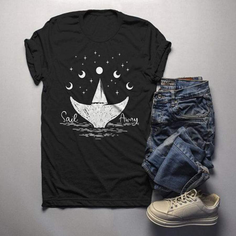 Men’s Whale Hipster T-Shirt Sail Away Sailboat Shirt Wanderlust Graphic Tee Moon