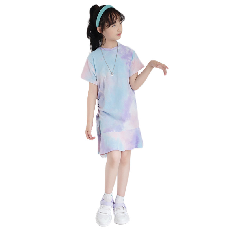 Tie Dye Print Teens Girls Cotton Dress Children Summer Clothing 2022 New Big Girl Casual Dresses Kids Shirt Dresses Fashion alx