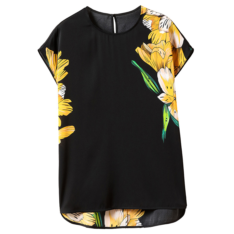 2022 Summer Women Black Shrit Tops Elegant O-neck Short Sleeve Loose Shirts Blouses Natural Real Silk Lady Floral Print Blouse alx