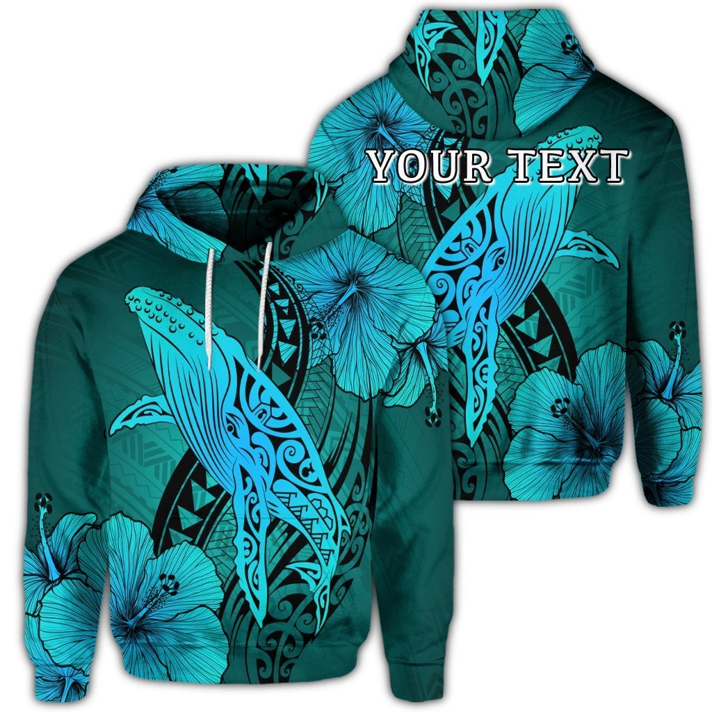 (Personalised) Hawaiian Map Whale Swim Hibiscus Polynesian Hoodie – Turquoise – Ah