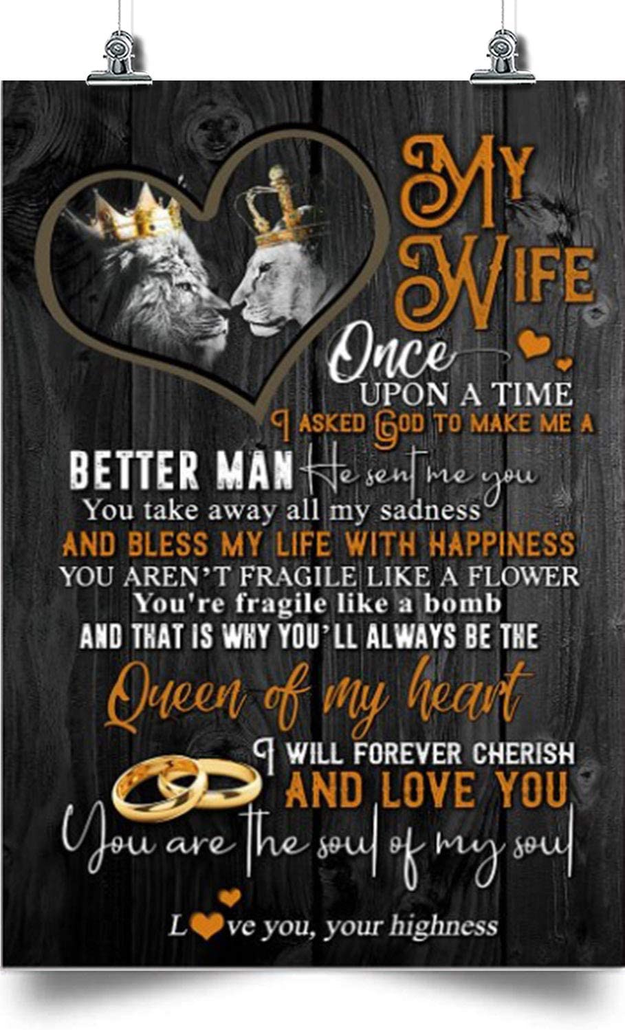 to My Wife Vertical Poster-Queen of My Heart-Home Decoration Poster, Wall Poster, Home and Room Decoration, for Wife, Souvenirs.