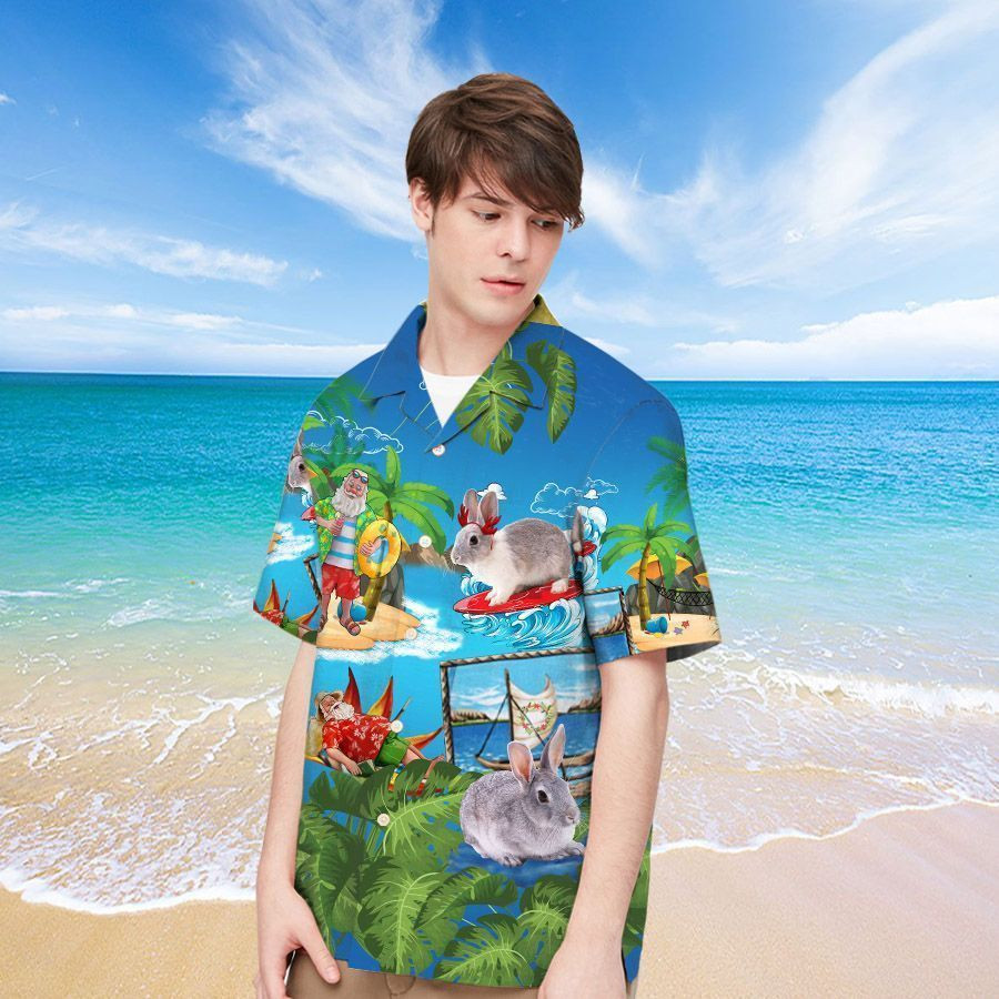 Rabbit And Santa Surfing Men Hawaiian Shirt For Someone Who Loves Rabbit On Christmas Time – Gift For Rabbit Lovers