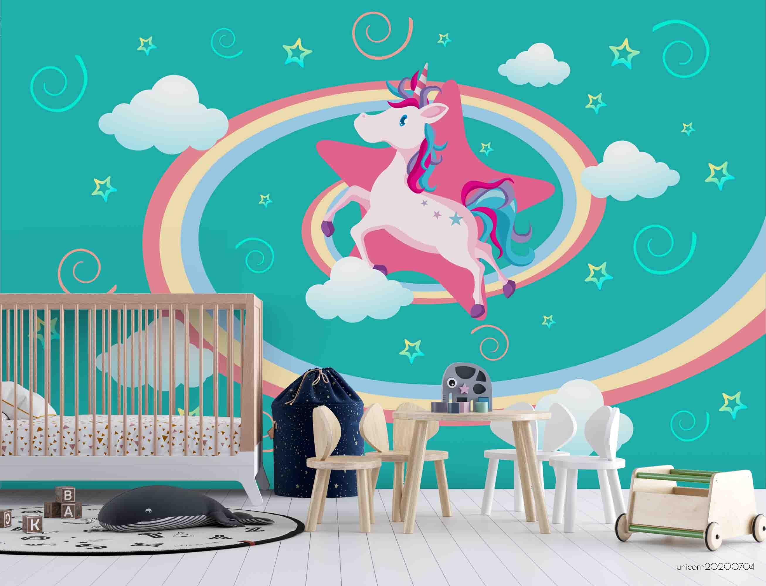 3D Cartoon Flying Unicorn Rainbow Circle Wall Mural Wallpaper Lxl 203